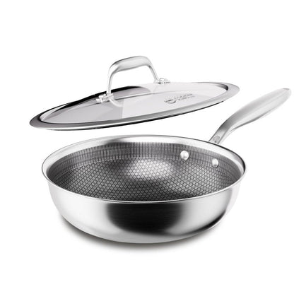 COOKER KING 10-Inch Hybrid Stainless Steel Wok with Lid, Nonstick Stir Fry Pan & Deep Frying Pan, Tri-Ply Clad Honeycomb Everyday Pan, Induction Ready, Oven & Dishwasher Safe, PFOA Free