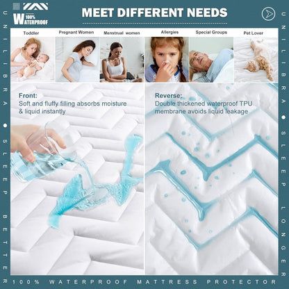 Skiennix Queen Size Waterproof Mattress Protector - Quilted, Breathable & Ultra-Soft | Fits 6''-25'' Mattresses - White