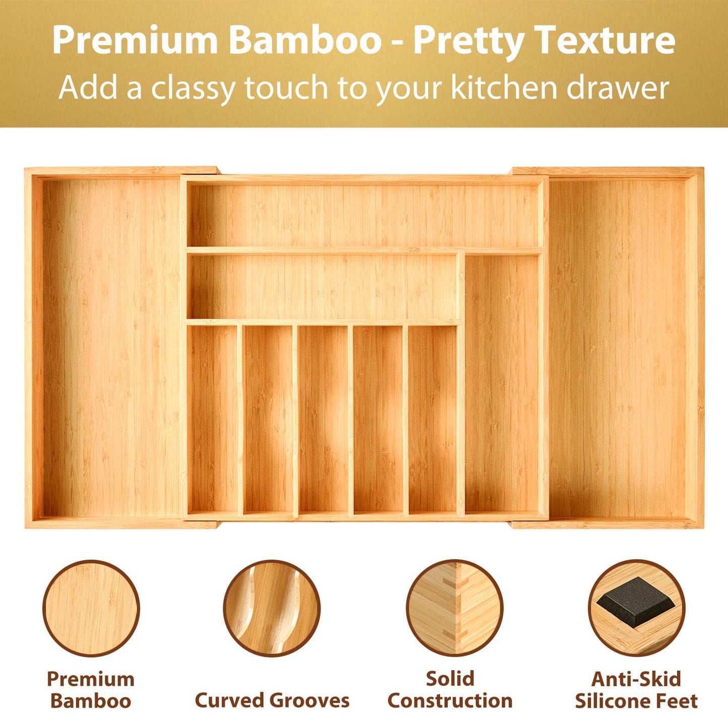Umilife Bamboo Kitchen Drawer Organizer, 13 Inch Silverware Utensil Tray Holder, Extra Deep Grooved Drawer Divider, 7 Slots Total Bamboo Wood Caddy for Flatware Cutlery Knives, Forks, Spoons