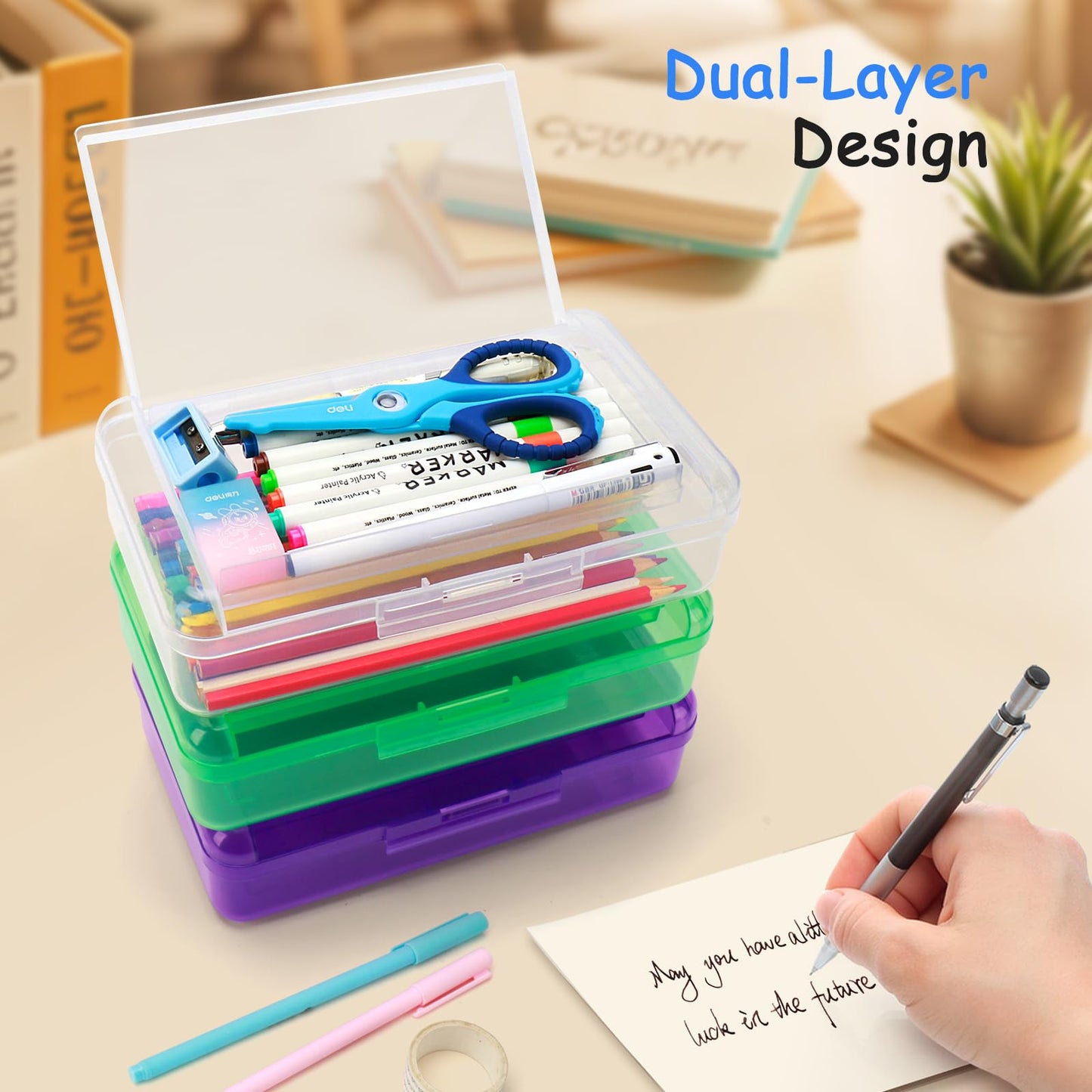 Nuozme Double Layer Large Capacity Pencil Box,Plastic Translucent Pencil Box, Hard Pencil Cases with Snap-Tight Lid for Pens, Pencils, School Supplies,Office Supplies,Medium-sized,1 Pack