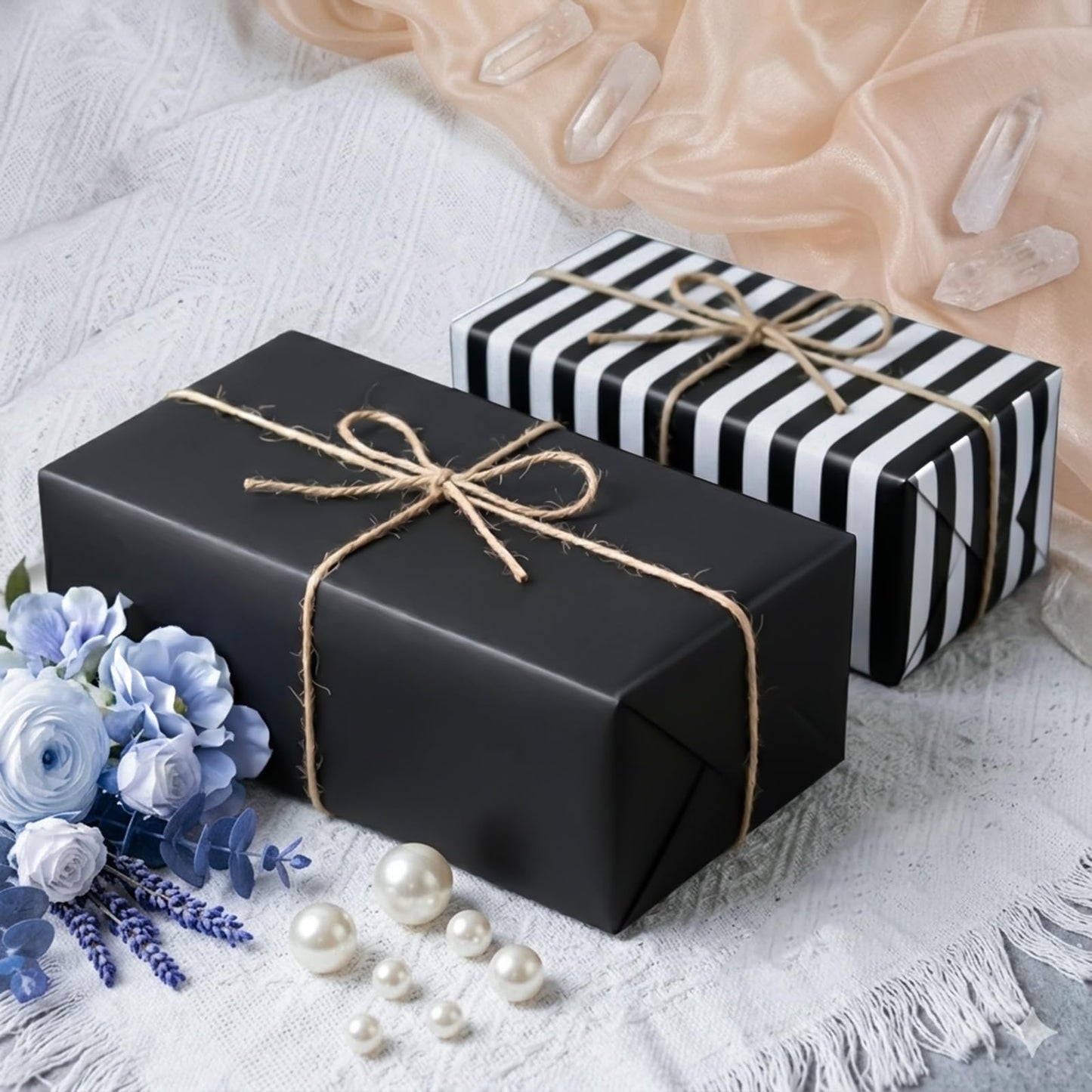 Homeral Black Wrapping Paper Roll - 17 In x 33 Ft Matte Metallic Solid Color & Black and White Stripe Reversible Gift Wrapping Paper for Birthday, Christmas, Father's Day, Graduation, DIY Bouquet