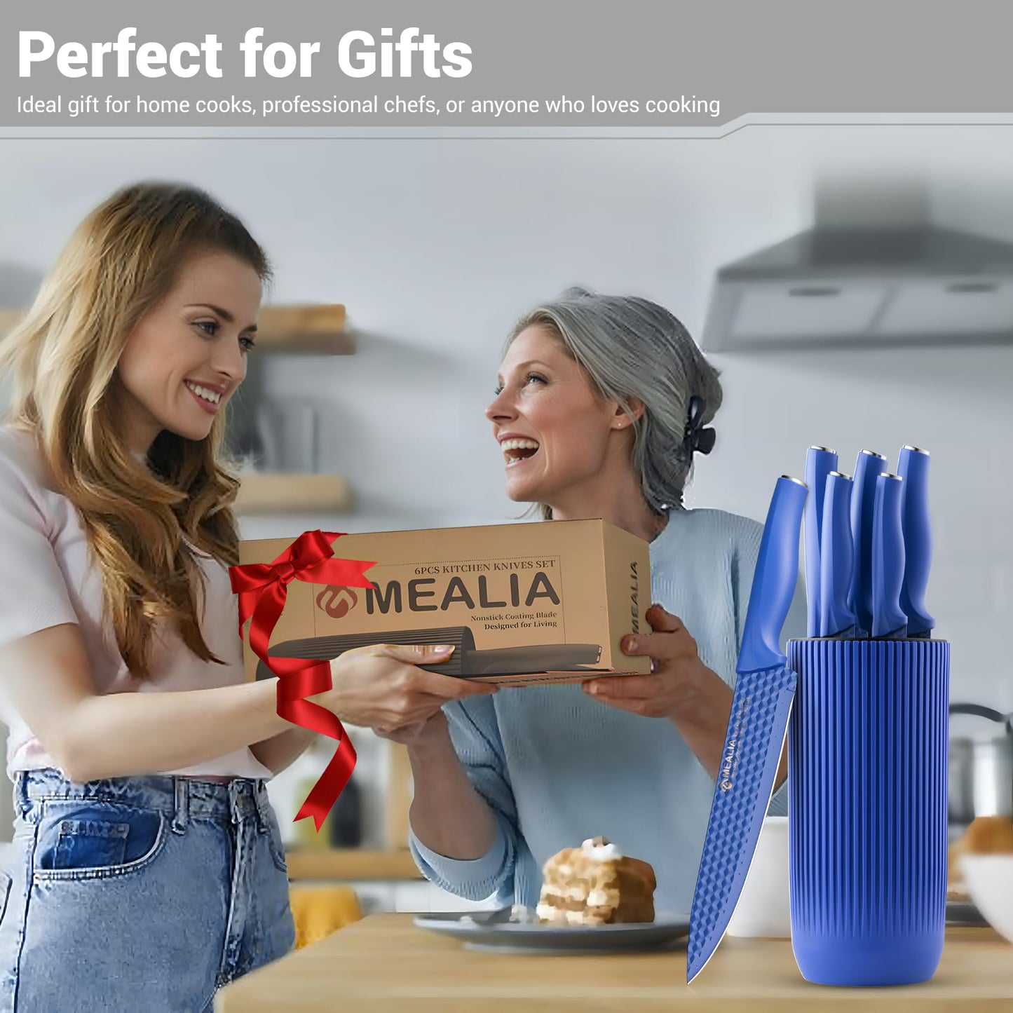 Mealia Kitchen Knife Set with Block, 6-Piece Non-stick Stainless Steel Sharp Knives Set for Precision Cutting with Universal Knife Block for Kitchen, Ergonomic Design & Dishwasher Safe, Purple