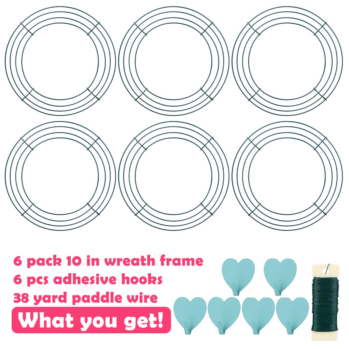 6 Pack Wire Wreath Frame 10 Inches Metal Wreath Rings for Chirstmas New Year Party with 6 Pcs Adhesive Hooks and 38 Yard 22 Gauge Paddle Wire for Crafts