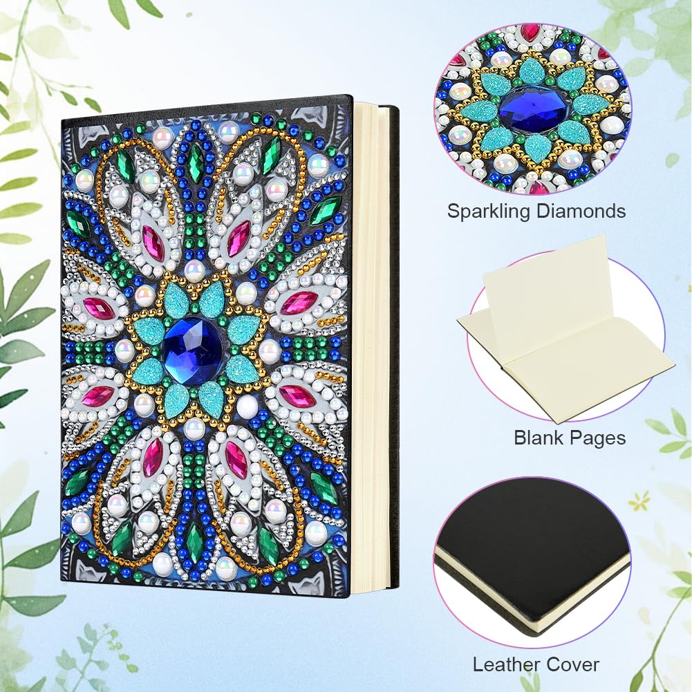 AUAUY 2Pack Boho Diamond Art Notebook, A5 Mandala Blank Notebook Craft Kits for Kids Age 6-8-9-10, Birthday Gifts for 5-12 Yrs Girls, 5D Diamond Art Painting Stationery Set Arts and Crafts
