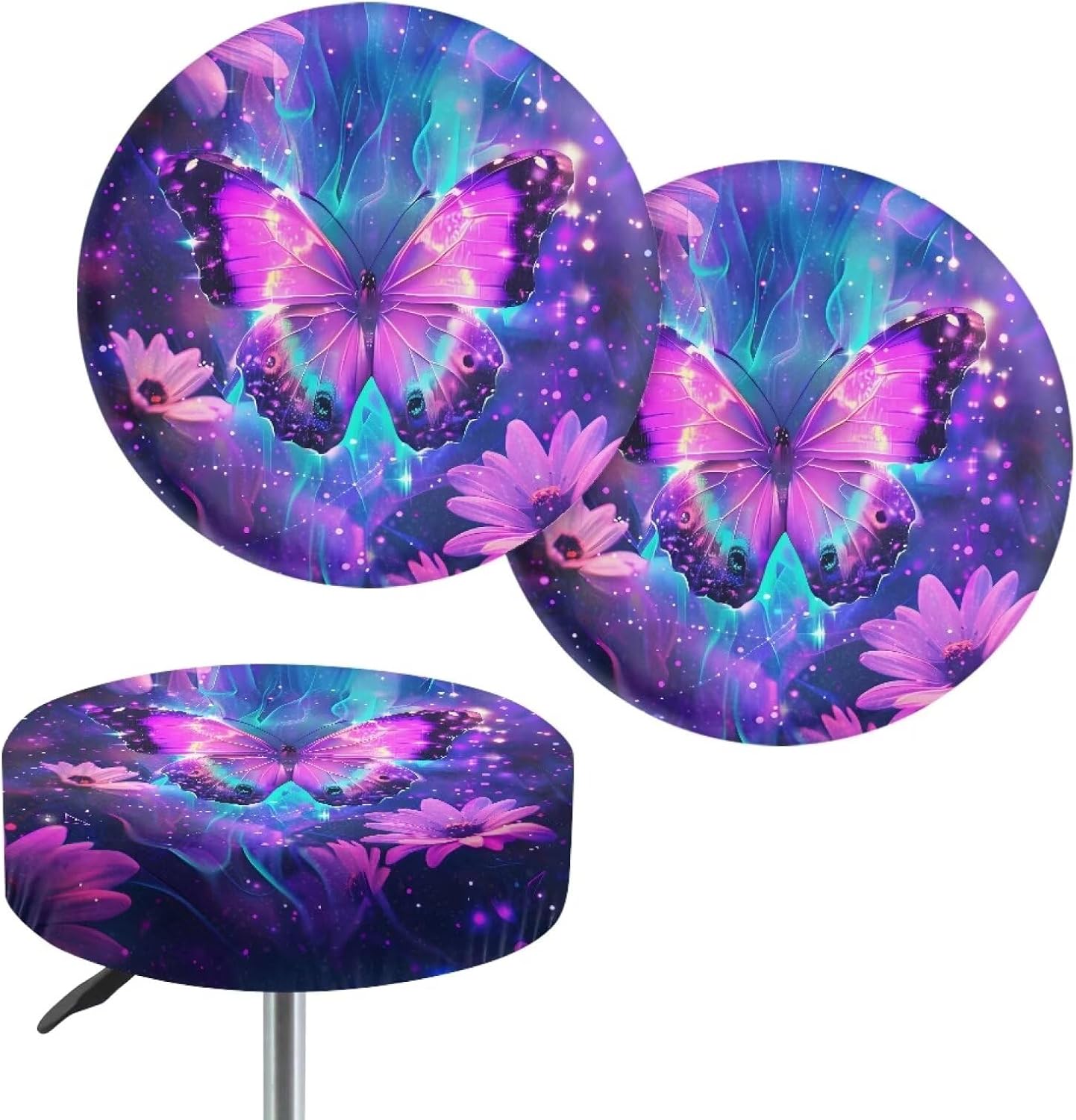 12-14 inch 2 Kuiaobaty Round Bar Stool Cover Cushion with Elastic Aesthetic Purple Butterfly Floral Print Fabric Round