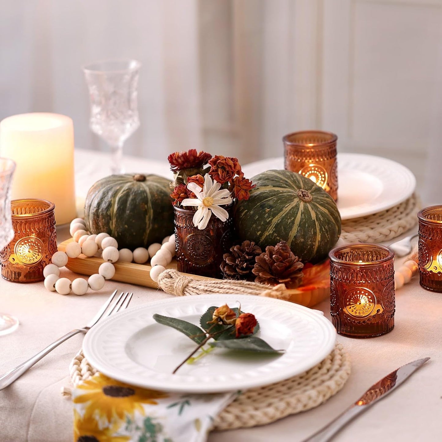 24pcs DEVI Vintage Amber Votive Candle Holders, Amber Glass Tea Lights Candle Holder for Baby Shower, Boho Wedding