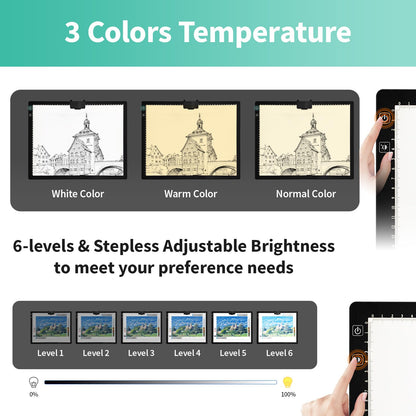 A3 Light Pad - Rechargeable Diamond Painting Light Board with Stand, 3 Colours Stepless Dimmable 6 Levels Brightness Tracing Light Box, Battery Powered Portable Light Pad for Weeding Vinyl Tracing