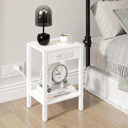 MMEOLUOOK 2-Tier MLBZ14WE End Table with Charging Station, Nightstand with Storage Shelf,Modern Side Table,Bedside