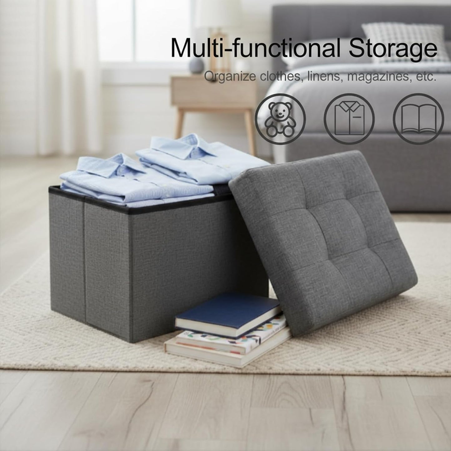 DIDIBIRD Room,Bedroom,Office,Dorm,287 lb Capacity,17x13x13in,Grey Storage Ottoman,Folding Ottomans with Storage,Linen