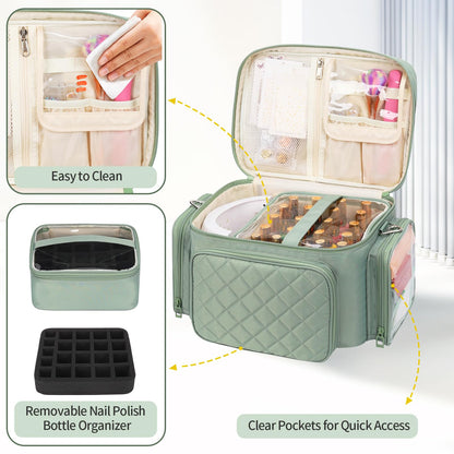 Bagmoly Nail Polish Organizer, Nail Polish Storage Holds 42+ Bottles & Nail Lamp, Portable Travel Nail Kit Storage Carrying Case Fits Nail Suppiles, Gift for Manicurist, Grils - Green