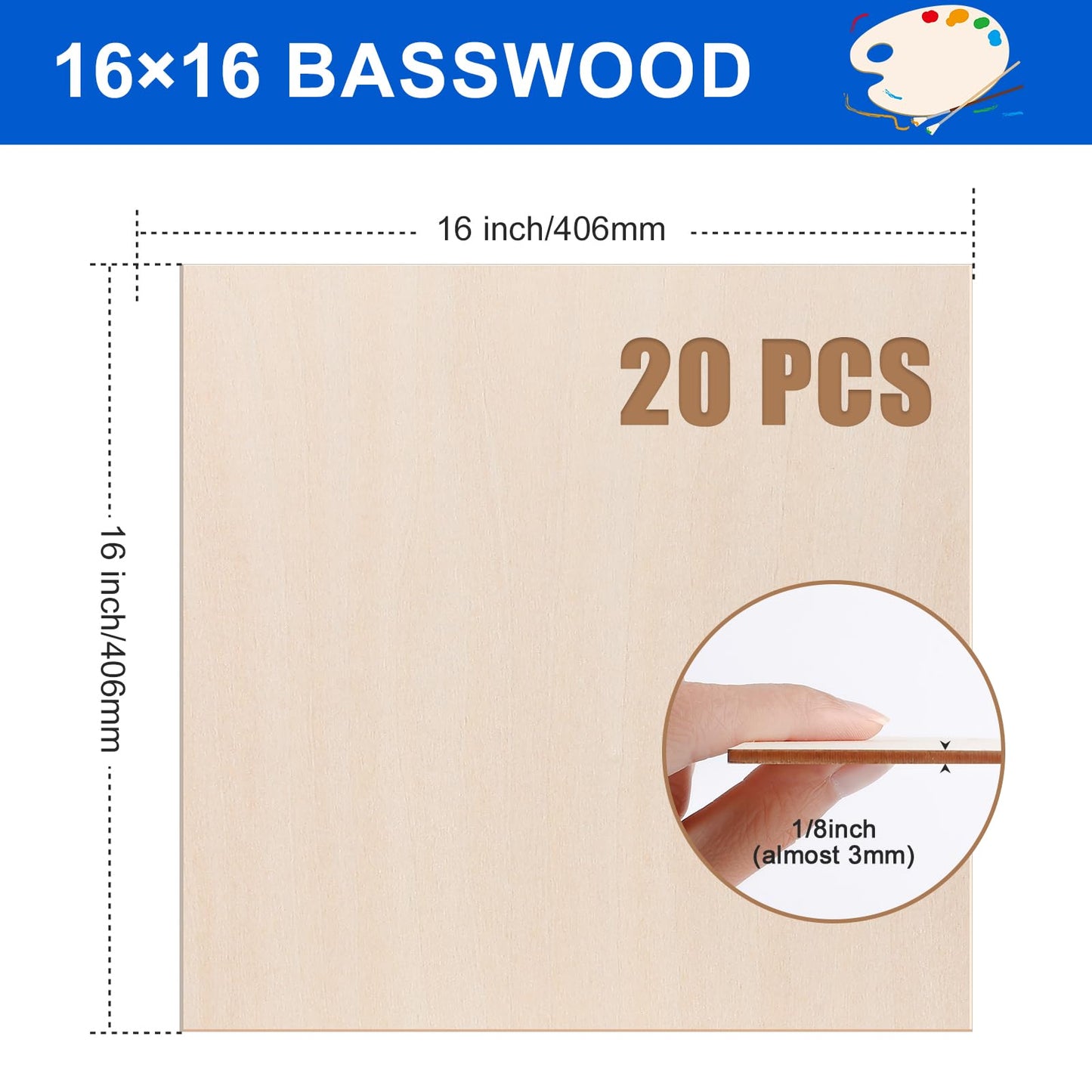 20 Pack Basswood Sheets 16"x16"x1/8", 3mm Basswood for Laser Cutting and Engraving,Thin Plywood Board Unfinished Wood for Crafts, DIY Ornaments and Architectural Model, Wood Burning.