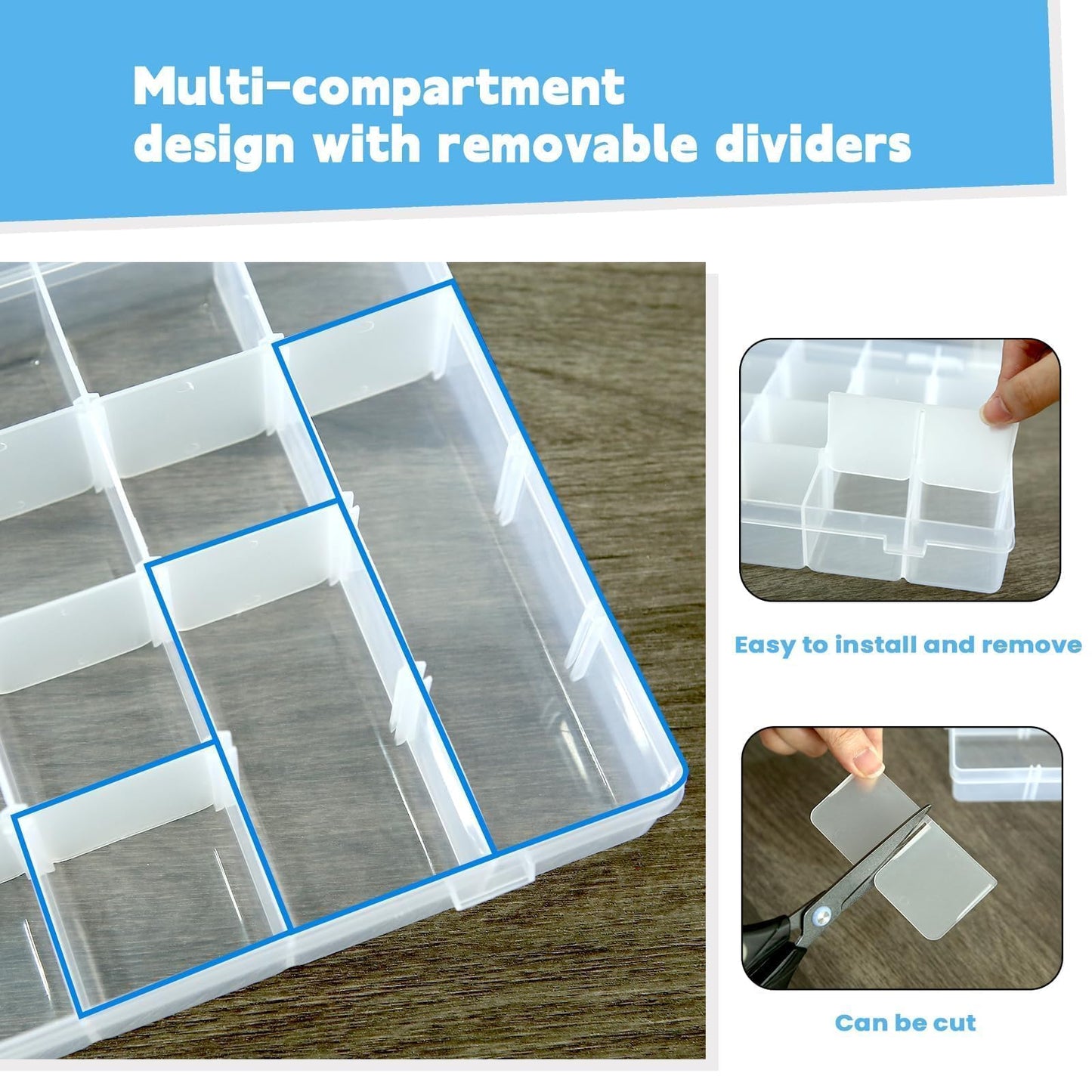Megoogo 2pack 24 Grid Clear Plastic Bead Organizer Box with Adjustable Dividers, Bead Organizers and Storage Container Box with 2 Label Sticker for Craft Buttons Fishing Tackles Tools Hair Accessories