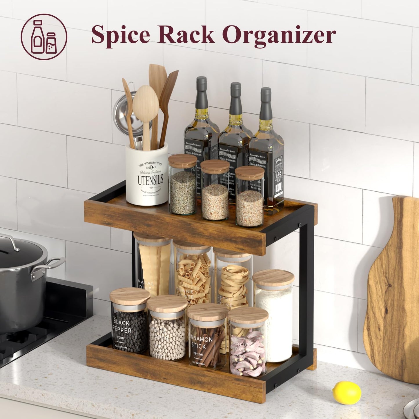 MARTY 2 Tier Spice Rack Organizer for Countertop, 15.8''L Coffee Station/Bathroom Organizer Countertop, Counter Shelf Desktop Storage Organizer for Kitchen, Bedroom, Office (Black)