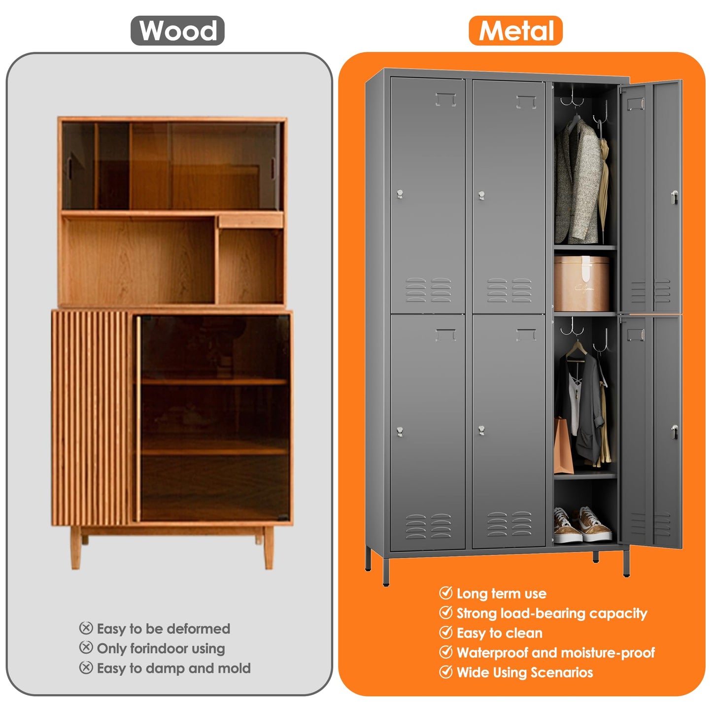 6 Door Metal Storage Locker for Employees,Heavy Duty Steel School Locker with Adjustable Shelves and 18 Hooks,Metal Lockers for Office,Gym,Home,72"H x 35.4"W x 15.75"D,Dark Grey,Assembly Required