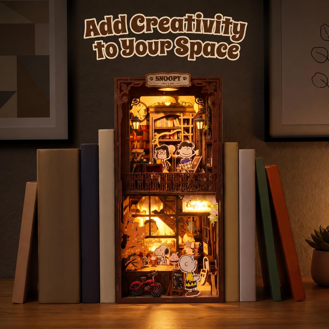 puremind Snoopy Peanuts Book Nook Kit, 9.3" 3D Wooden Puzzle DIY Miniature Kit with LED Lights, Book Cafe Bookshelf Insert Diorama Gift for Adults and Snoopy Fans