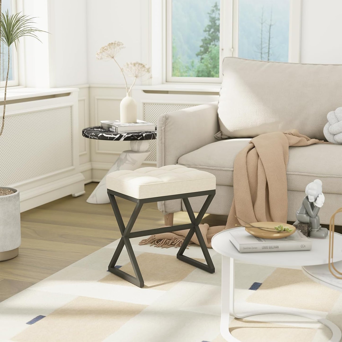 15.74" D11.81" W18.11" UHBD033Y YMYNY Vanity Stool, Linen Footrest Stool, Ottoman Bench with X-Shaped Metal Legs