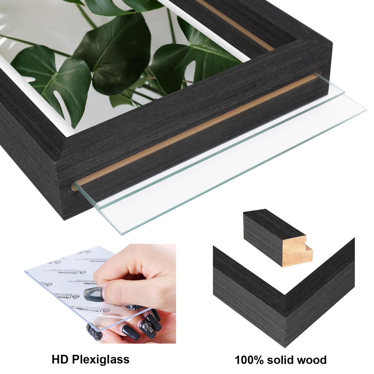 Egofine 11x14 Floating Frames Set of 2, Double Plexiglass Picture Frame, Made of Solid Wood Display Any Size Photo up to 11x14, Wall Mount or Tabletop Standing, Faded Black