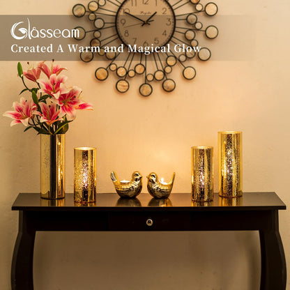 Glasseam Gold Hurricane Candle Holder Set of 2, Mercury Glass Candle Holder, Cylinder Candle Holders for Pillar Candles, Floating Candle Vases for Centerpieces Wedding Table Christmas Party 7.8''+10''