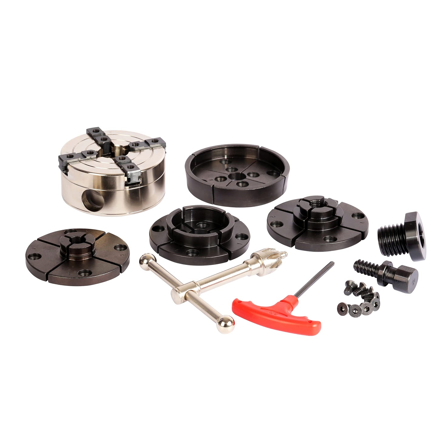 VINWOX 3-1/2INCH Self-Centering Wood Lathe Key Chuck Set, Round Jaw Mounted, with Step Jaw, Pin Jaw & Wide Jaw, 1"x8TPI Thread & 3/4"x16TPI Adapter, SCK4-3.5NV-SET, Nickle Coating NOVA Chuck Body
