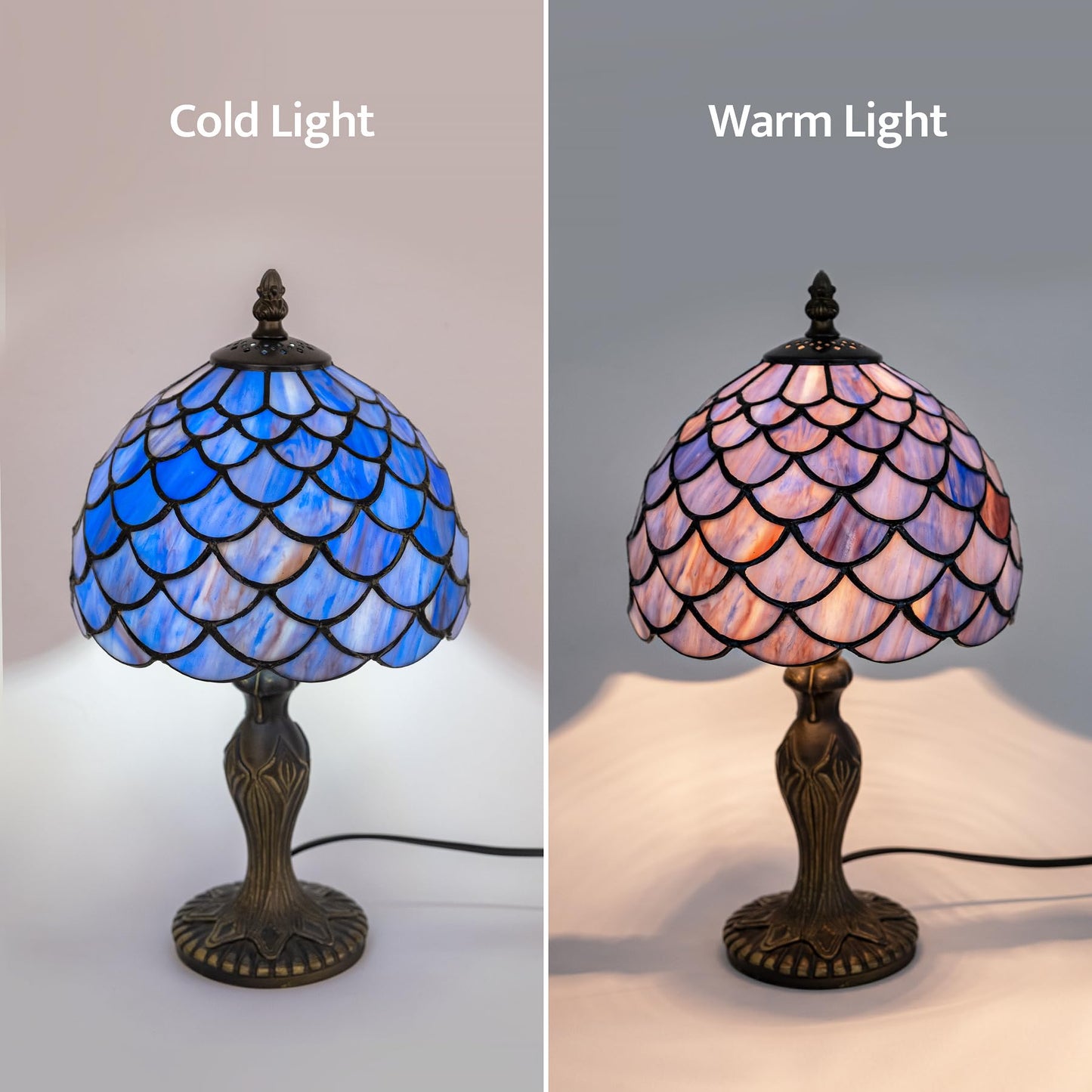 GILGGAK Small Tiffany Stained Glass Table Lamp Wisteria Style Lampshade Nightstand Light for Bedroom Dorm Living Hallway Coffee Table Office Housewarming Gift 8X8X15 (Blue Purple Fish Scales)
