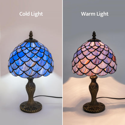 GILGGAK Small Tiffany Stained Glass Table Lamp Wisteria Style Lampshade Nightstand Light for Bedroom Dorm Living Hallway Coffee Table Office Housewarming Gift 8X8X15 (Blue Purple Fish Scales)