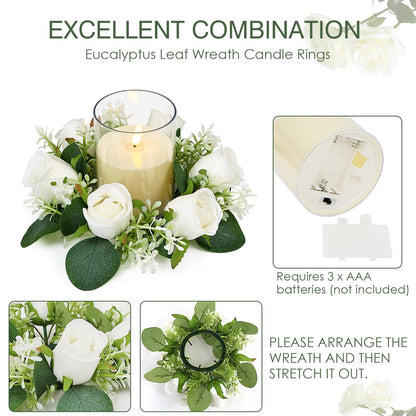 Acmee White Rose Candle Rings with Flameless Candles Sets - 12PCS Artificial Flower Eucalyptus Wedding Centerpiece 3 Inch Pillar Candleholders Wreaths for Wedding Party Decor (White - 6 Sets)