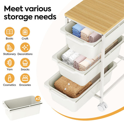 Rolling Storage Cart with 3 Drawers, Craft Organizer, Wooden Tabletop Utility Cart for Bedroom, Children's Room and Office Organization, Under Desk Trolley with Lockable Wheels,White