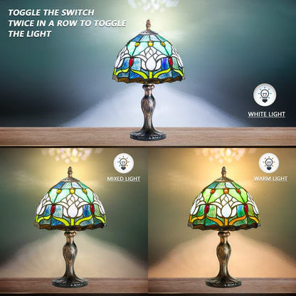 MIAOKE Stained Glass Table Lamp,Stained Glass Crystal Bead Style Table Light, Handmade Desk Bedside Night Light, Antique Art Craft Gifts Lover Living Room Bedroom Bookcase(Blue Tulips)