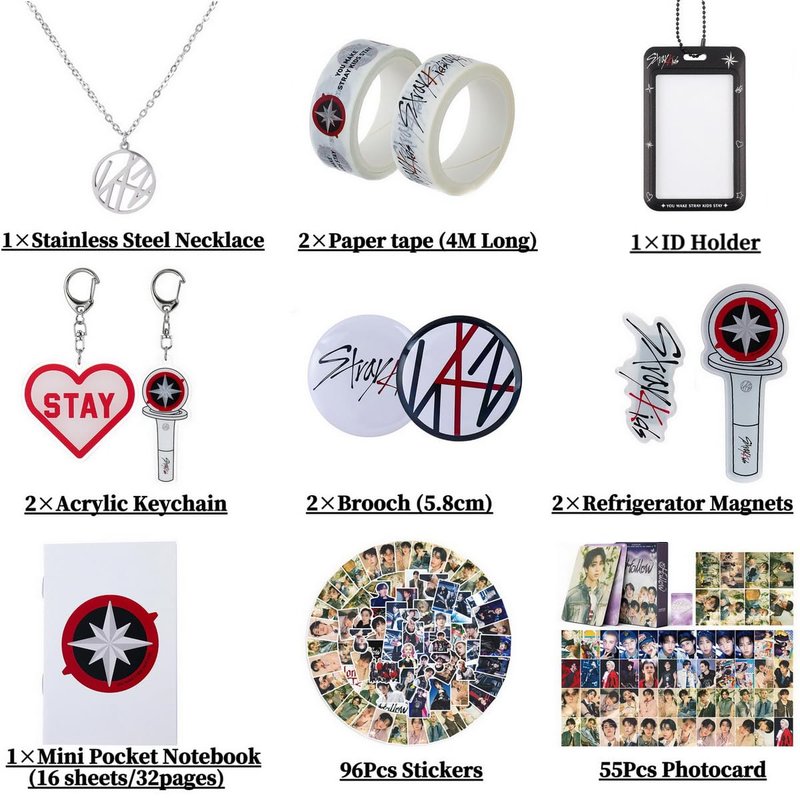 Yanmzmin Stray Merch Gifts Set, Including 55 Postcards, 96 Stickers, 2 Keychain, 2 Pins, 2 Paper Tape, 2 Fridge Magnet, ID Badge Holder, Pocket Notebook and Pendant for Skz's Stays Fans Gifts