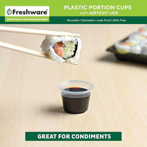 Freshware Portion Cups - 1 Ounce Disposable Plastic Cups with Lids for Meal Prep & Sauces | 100 Sets