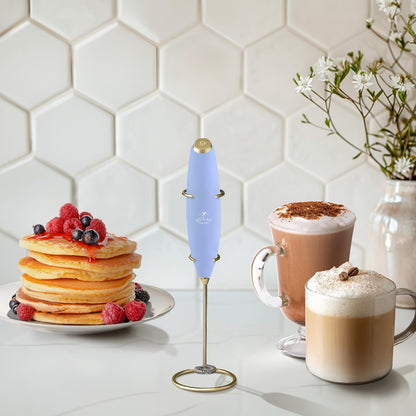 Zulay Kitchen Milk Frother Wand - Ultra-Fast Handheld Drink Mixer with 4 AA Batteries - Blue & Gold