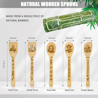 Horror Movie Merchandise Wooden Spoons for Cooking, Natural Bamboo Kitchen Utensils Set, 5 Pack