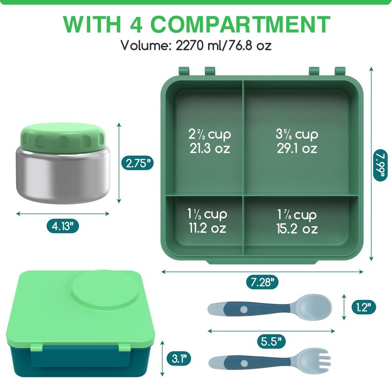 JoyYum Bento Box for Kids - Leak-Proof Bento Lunch Box with Insulated Thermos Food Jar - 4 Compartments, 1 Removable Divider, 1Spoon, 1 Fork - Dishwasher Safe, BPA-Free (Green)