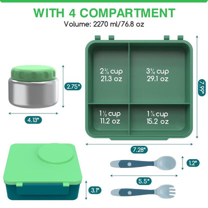 JoyYum Bento Box for Kids - Leak-Proof Bento Lunch Box with Insulated Thermos Food Jar - 4 Compartments, 1 Removable Divider, 1Spoon, 1 Fork - Dishwasher Safe, BPA-Free (Green)