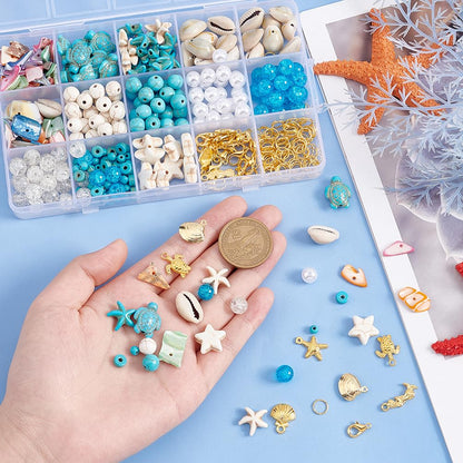 PandaHall 357pcs Starfish Shell Beads Ocean Jewelry Making Kit - 20g Synthetic Turquoise Seashells, Turtle & Mermaid Charms, Cowrie Shell Beads for Summer Beach Necklace, Bracelet & Anklet