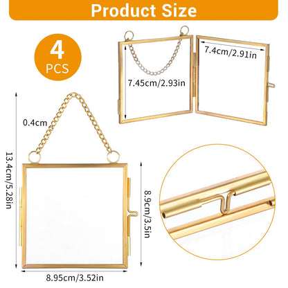 HOFURME 4 Pcs Mini Brass Wall Hanging Photo Frame, Square Glass Hanging Picture Artwork Display Frame, Double Glass Floating Frame Style Gallery Wall Frame for Picture, Pressed Flower (3.5x3.5 inch)