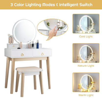 FANTASK Vanity Table Set, LED Lighted Makeup Table w/ 3 Color Round Lighting Mirror Touch Screen 4 Drawers, Makeup Dressing Table w/Cushioned Stool for Bedroom (White)