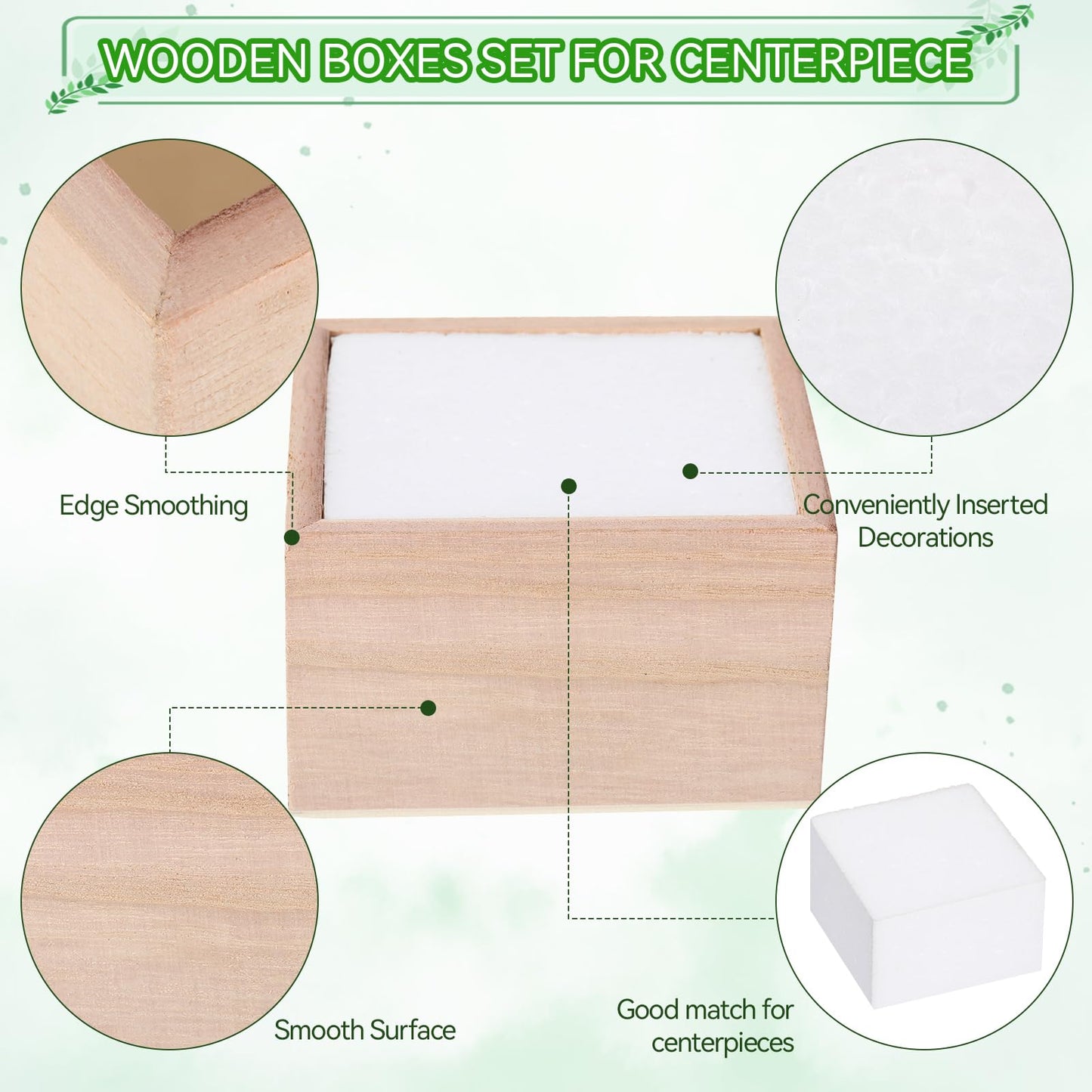 Suzile 12 Sets Square Rustic Wooden Box for Centerpiece Planter Box with Foam Blocks 4 Inch Unfinished Small Square Cube Vase for Wedding Floral Arrangement, Baby Showers, Home Garden Decor Craft