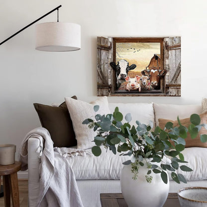 Kasluolo Farmhouse Animals Wall Art, Cow in Fake Window Landscape Picture, Framed Artwork for Bathroom or Office 12x16