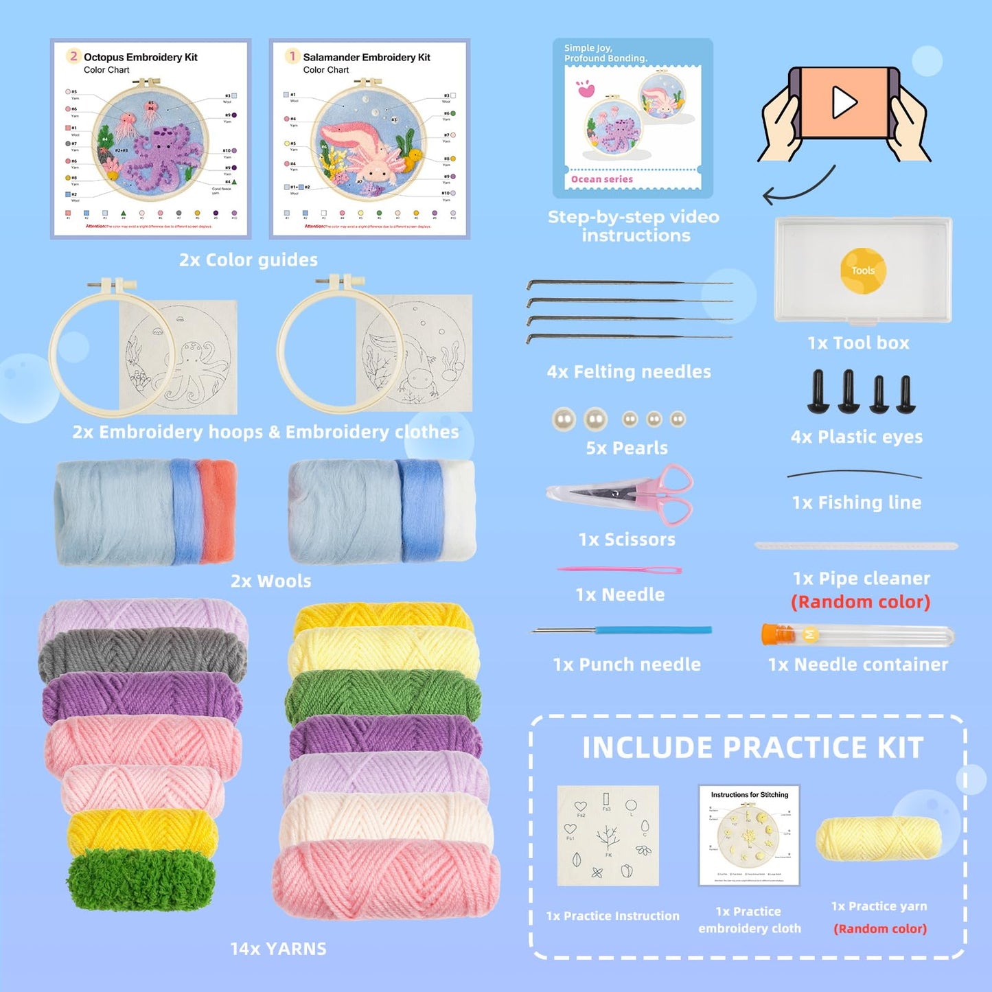 Punch Needle Kits Adults Beginner,Punch Needle kit for Beginners, Embroidery kit for Beginners,Includes All Tools and Materials,Easy to Follow Instructions and Videos-(Axolotl+Octopus)
