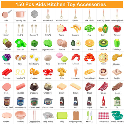 150Pcs Kitchen Playset, Toddlers Pretend Cooking Cookware Accessories, Food, Picnic Blanket, Fruits, Veges, 2Pack Shopping Storage Basket, Dessert and Prop Money, Gift for Kids (Pink)