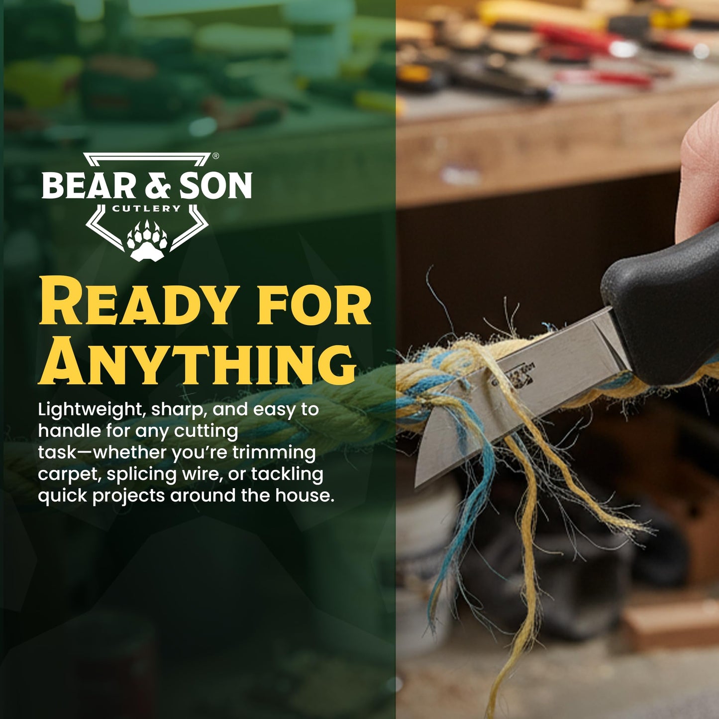 Bear & Son – Fixed 1.75" Splicer Utility Knife | 440 High Carbon Stainless Steel Sheepfoot Blade with Cushioned Kraton Grip | Compact Work, Shop & Everyday Use Fixed Blade Knife – Made in USA