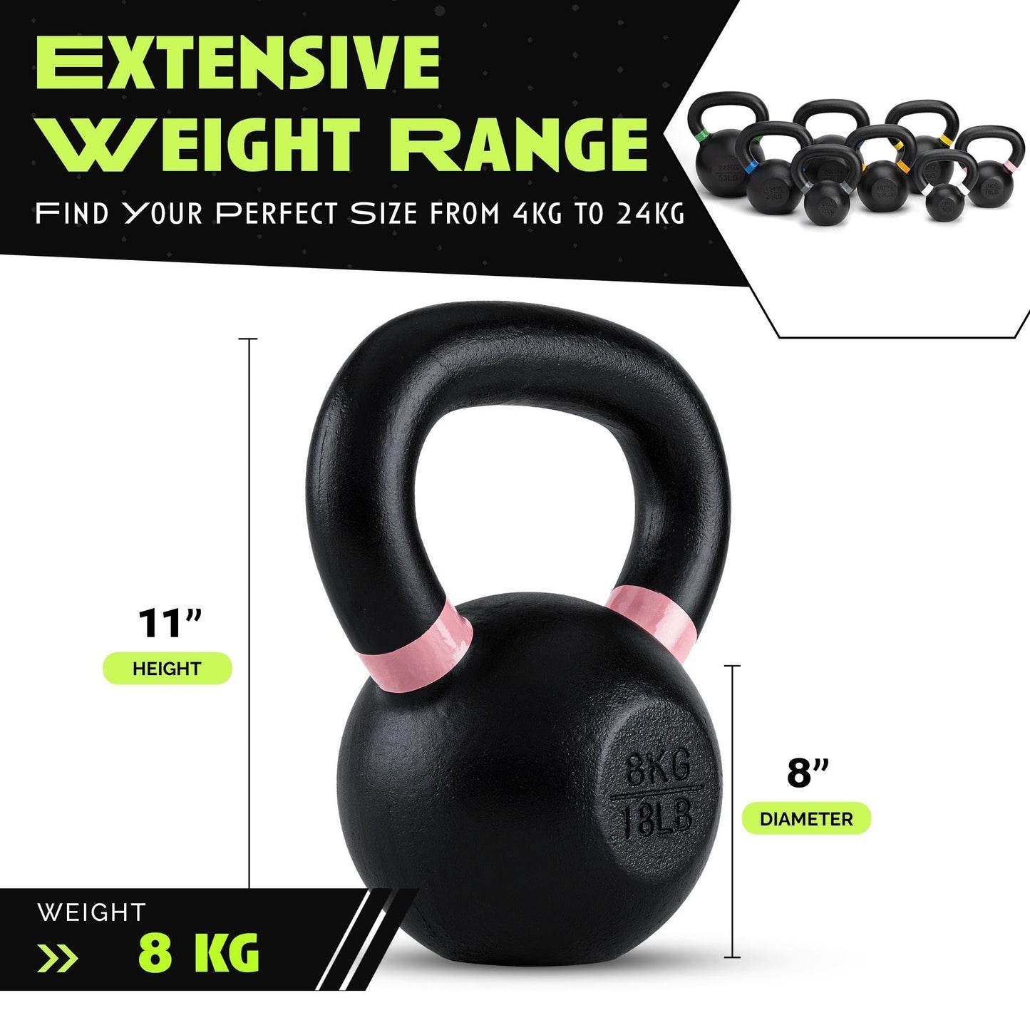 Rage Fitness Single Cast Iron Kettlebell | Powder Coated - Wide Handle Weights for Core & Glute Workouts; Swings, Squats, Deadlifts; Strength, Endurance & Flexibility for Men & Women