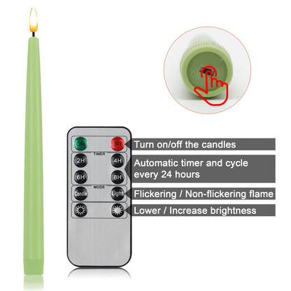 CVHOMEDECO. Flameless Taper Candles with 10-Key Remote, Battery Operated Led Flickering 3D Wick Window Candles Real Wax Finished Home Christmas Party Decor 0.78 x 11 Inch, Pack of 2, Light Green