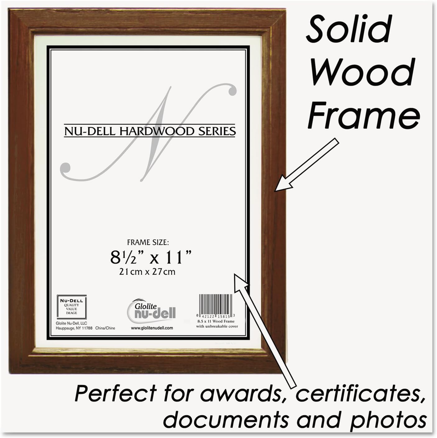 NuDell Certificate Frame | Walnut Brown | 8.5" x 11" Document Holder | Diploma & Picture Frames