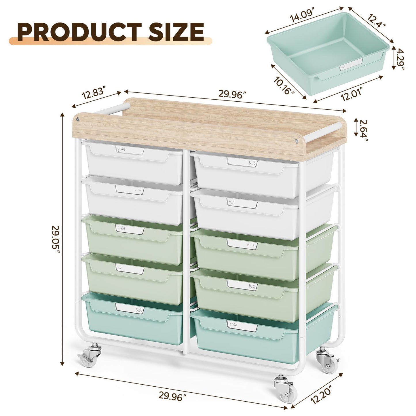 10-Drawer Rolling Cart, Art Cart with Wood Top & Side Handle, Multi-Purpose Craft Organizers and Storage with Lockable Wheels for Classroom, Dormitory, Craft Room and Art Supplies Organization(Green)
