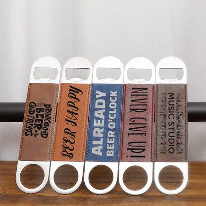 PYD Life 8 Pack Stainless Steel Flat Bottle Opener with Yellow Brown Leather Handle Blanks 1.6" x 7" for Glowforge Xtool Laser Engraing Custom Name Text Patterns,Beer Opener for Kitchen,Bar