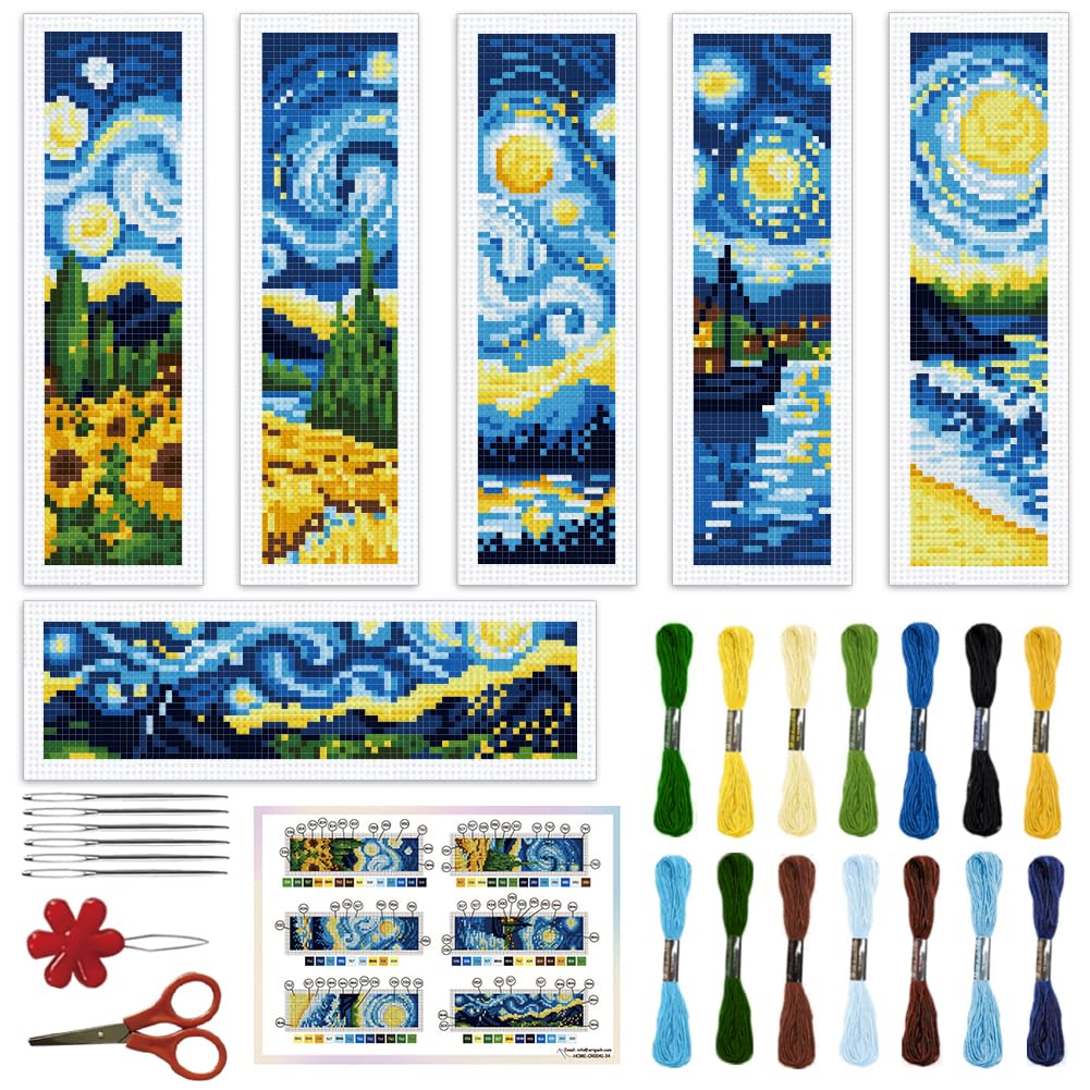 ORIGACH 6 Pcs Cross Stitch Bookmark Kit for Beginner Adults, Swirling Night Sky Stamped Embroidery Bookmark Kit with Instruction for Starters Printed Cross Stitch DIY Kits for Book Lovers