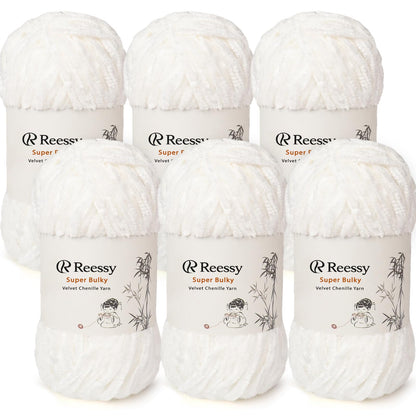Reessy Velvet Chenille Yarn Pack – 6 Skeins × 100g Super Bulky (CYC #6) – Soft Velvet Chunky for Crocheting & Knitting, Fluffy Chenille Yarn for Blankets, Scarves & Crafts (White)