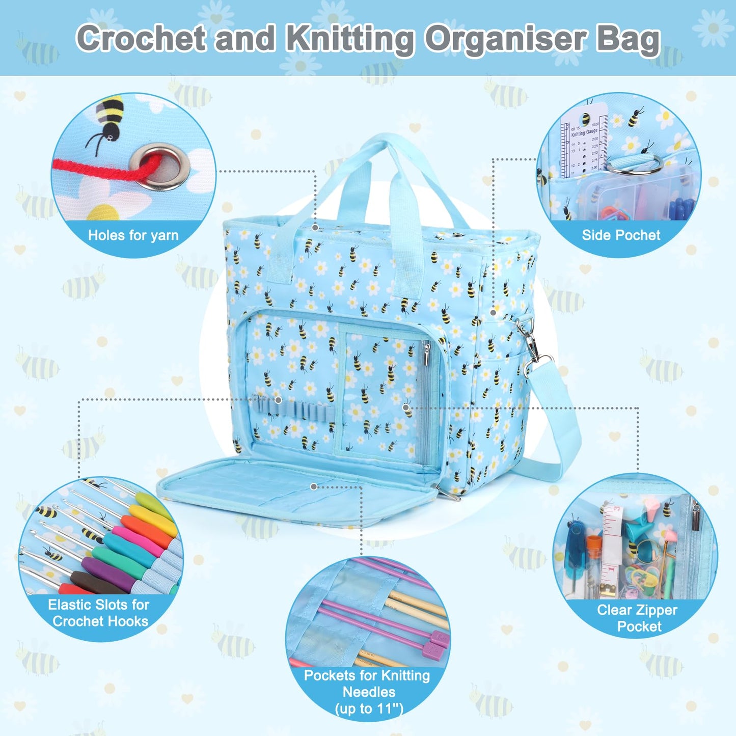 Yarn Storage Organizer Travel Crochet Bag, Large Capacity Tote Bag Knitting Bag for Carrying Projects, Knitting Needles, Crochet Hooks and Yarn, Blue Floral and Bees